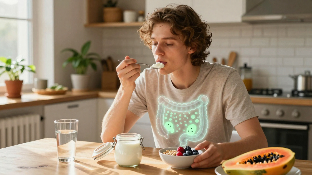 Jovem comendo café da manhã saudável enquanto ilustração do intestino é exibida sobre o corpo dele.