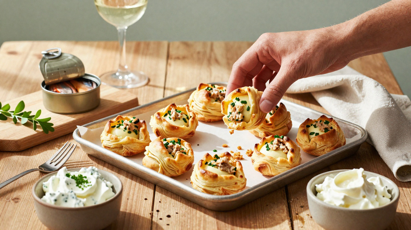 Mãos pegando mini tortas salgadas recheadas, com molho branco, copa de vinho e lata de sardinha ao fundo.