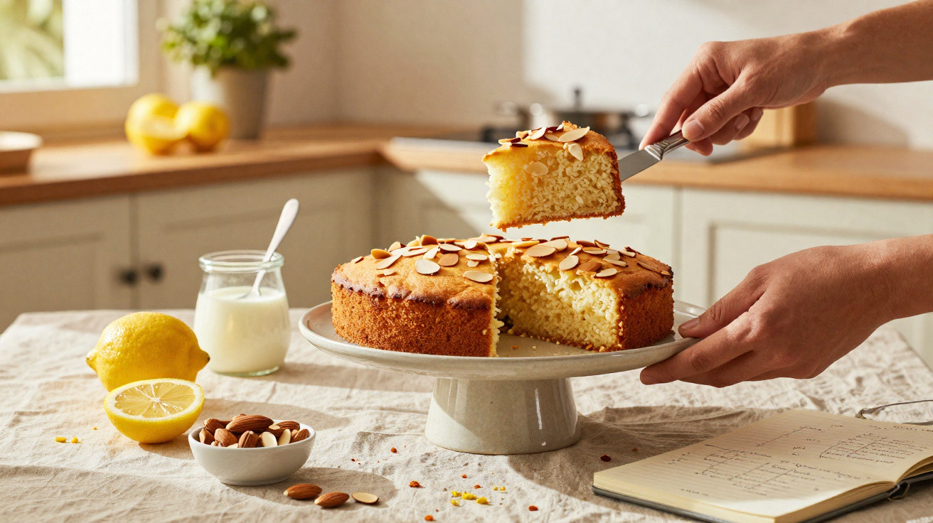 Bolo de limão com amêndoas em pedestal sendo servido, com ingredientes e caderno de receitas ao lado.