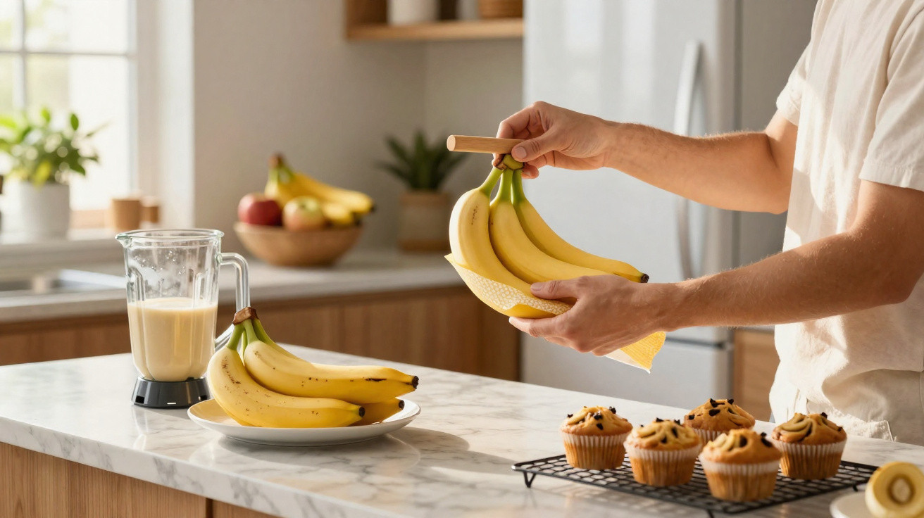 Pessoa segurando cacho de bananas na cozinha com liquidificador, muffin e frutas sobre bancada de mármore.