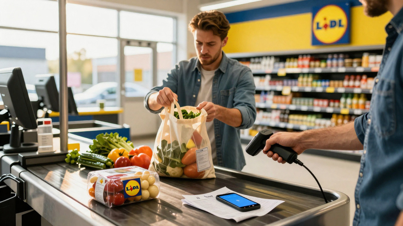 Homem fazendo compras no caixa de supermercado Lidl com verduras e frutas frescas.