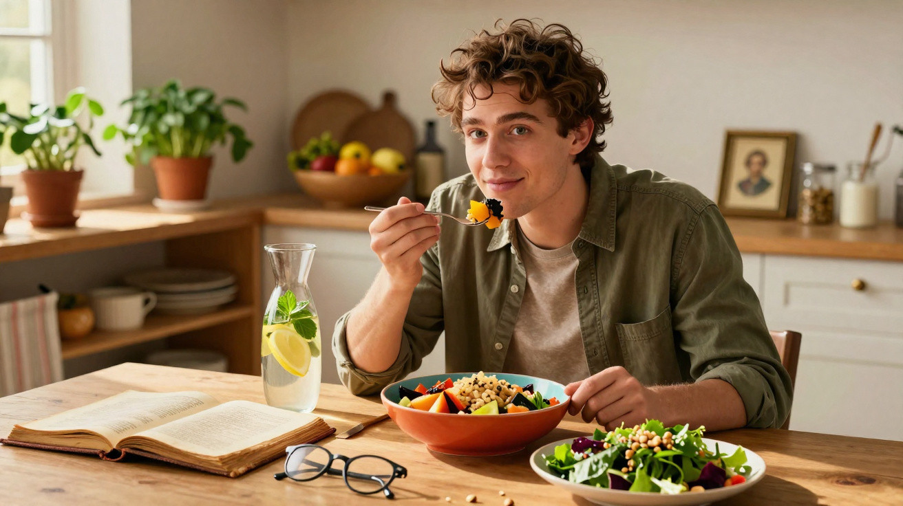 Homem jovem com camisa verde comendo salada em mesa com livro, óculos e jarra de água com limão na cozinha.