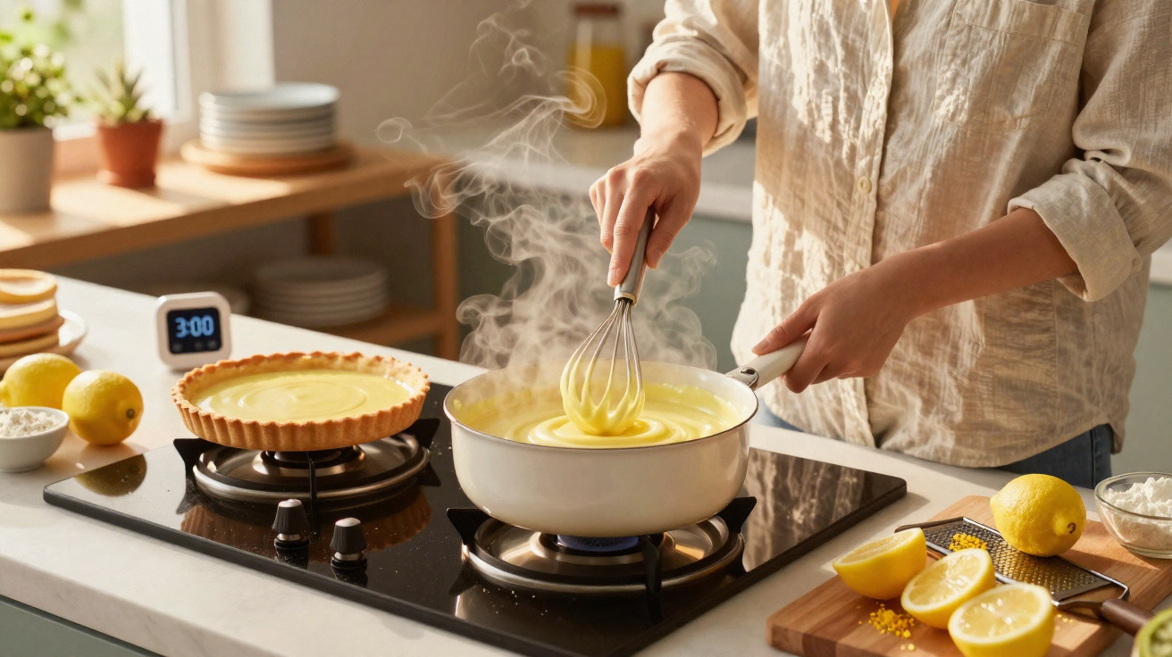 Pessoa mexendo creme de limão em panela no fogão, com torta e ingredientes ao redor na cozinha iluminada.