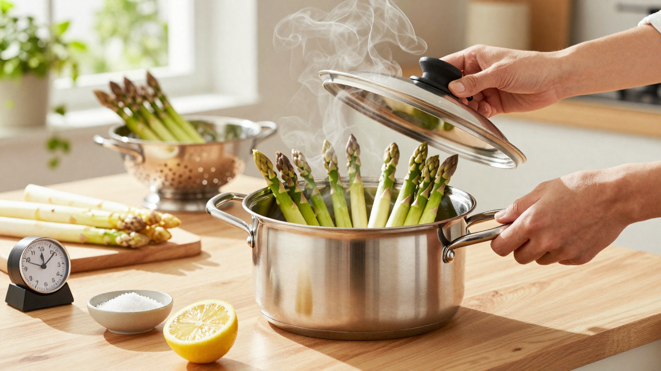 Pessoa retirando tampa de panela com aspargos verdes cozinhando e vapor saindo da panela na cozinha.