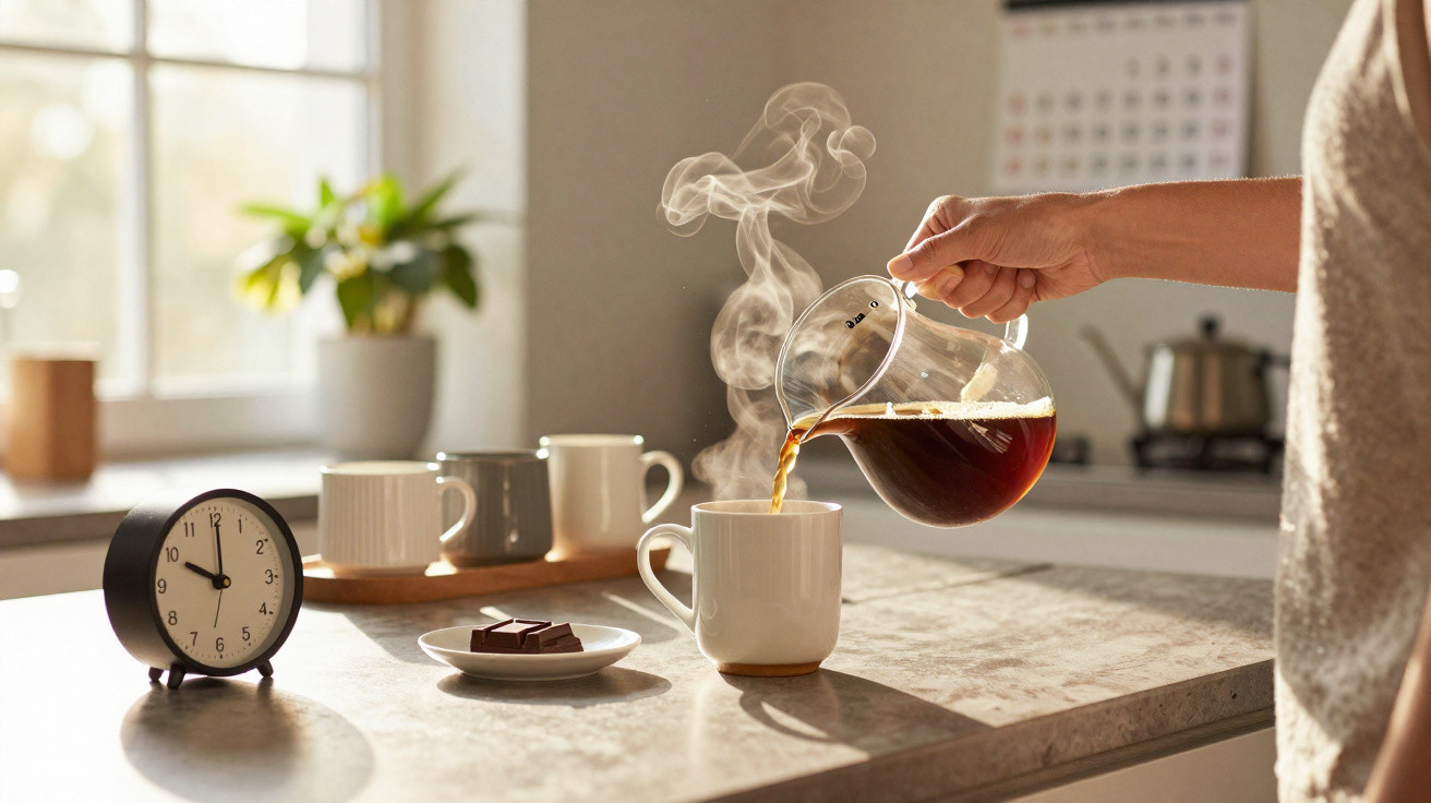 Pessoa servindo café quente em xícara branca em cozinha iluminada pela manhã com relógio e pedaços de chocolate.