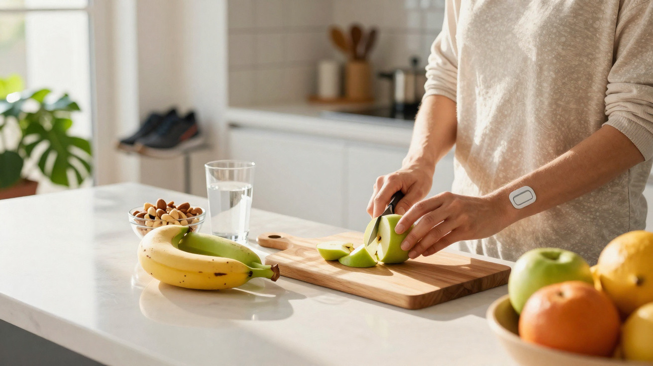 Pessoa cortando maçã verde em tábua de madeira em cozinha, com frutas e copo de água na bancada.