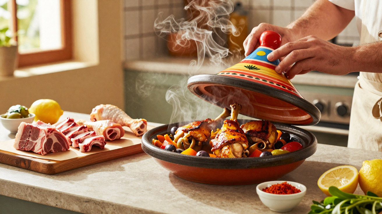 Pessoa retirando a tampa de tajine com frango assado e vegetais na cozinha.