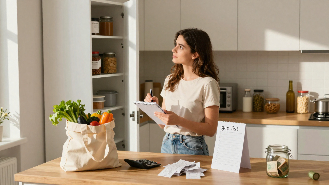 Mulher em cozinha fazendo lista de compras com sacola de legumes e anotações sobre mesa.