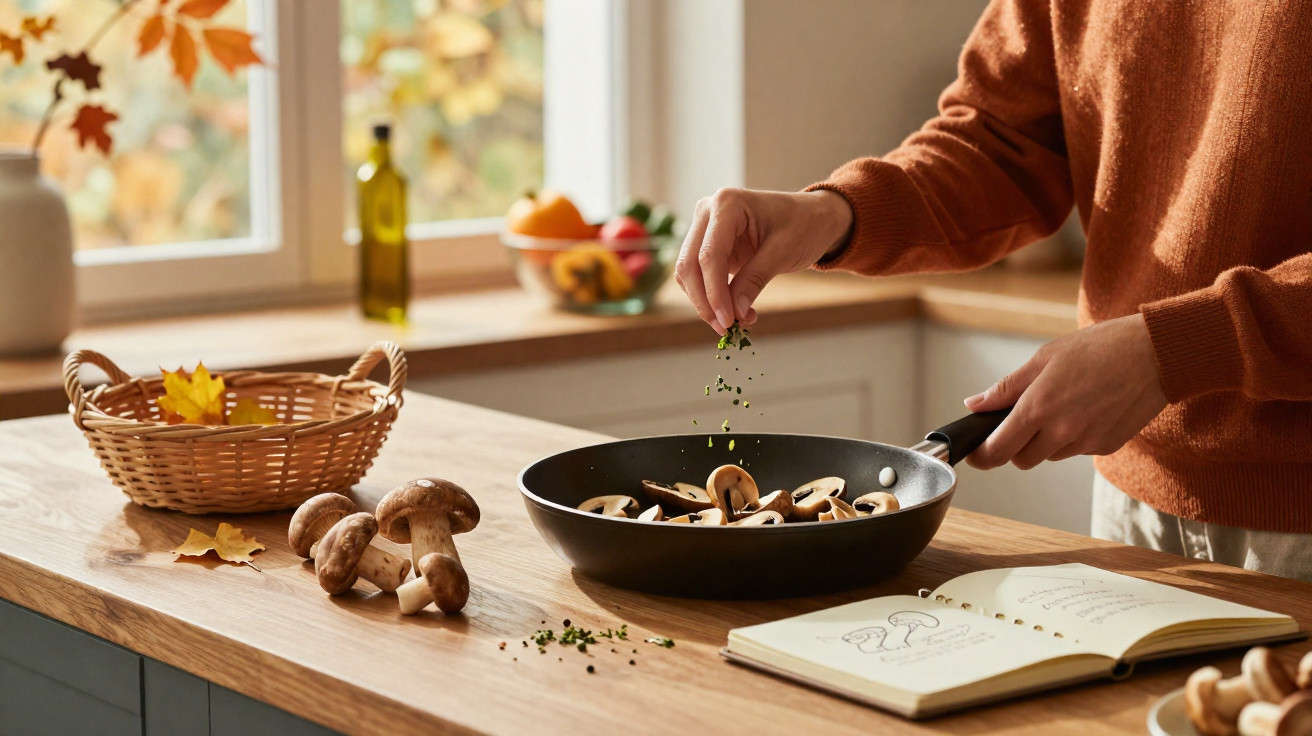 Pessoa temperando cogumelos em frigideira na cozinha com livro de receitas aberto e cesto com folhas.