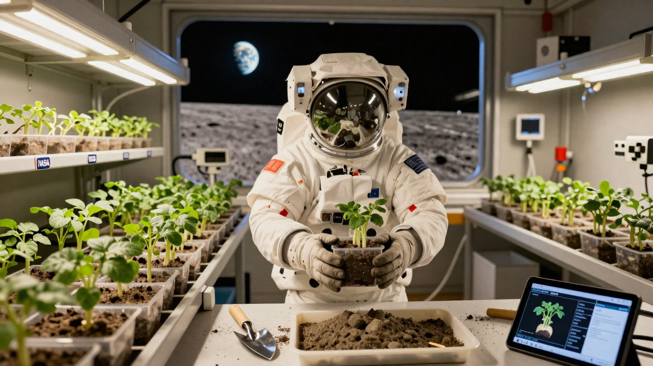 Astronauta cuidando de plantas em laboratório lunar com vista da Terra ao fundo.