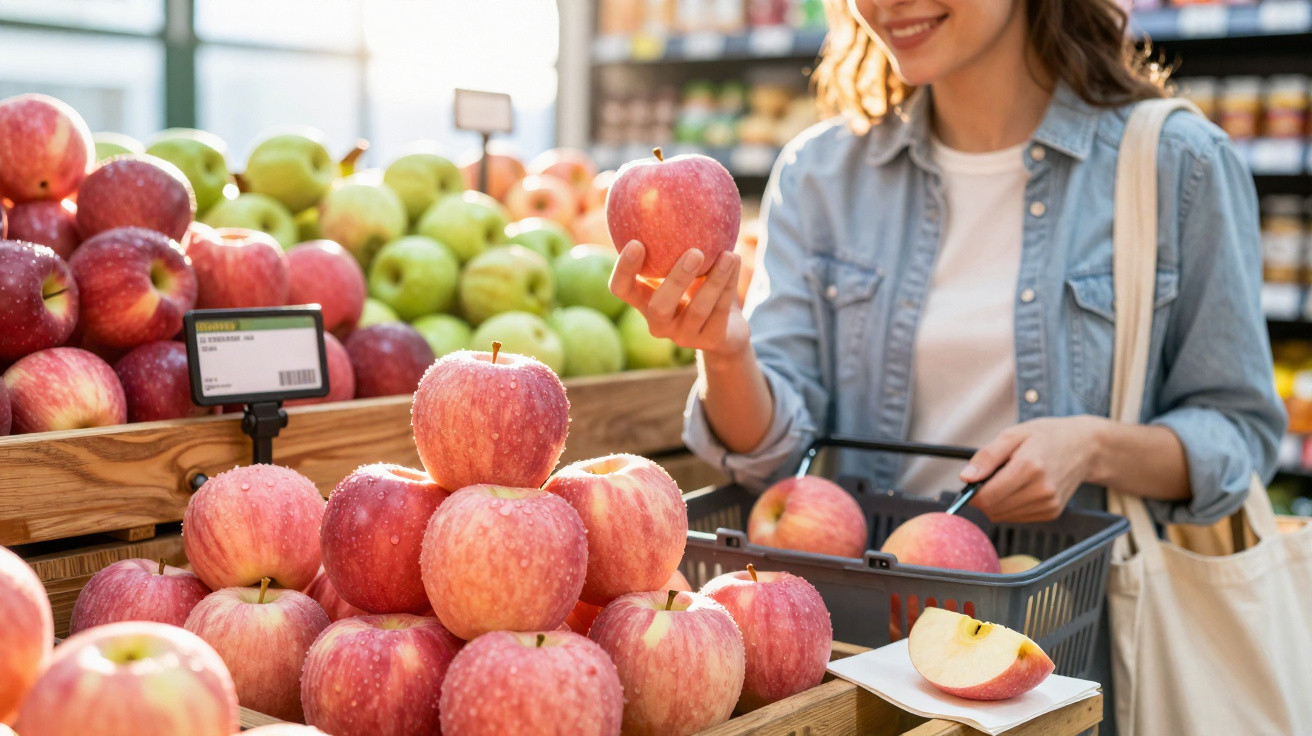 Mulher sorridente segurando maçã vermelha em feira de frutas com cesta de compras.