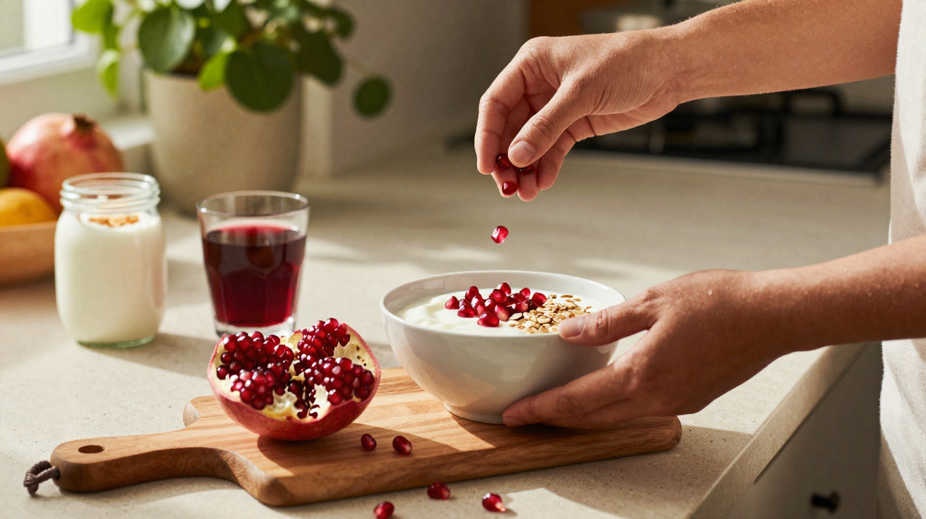 Mãos decorando iogurte com sementes de romã em tigela, com romã cortada, suco e pote de iogurte ao fundo.