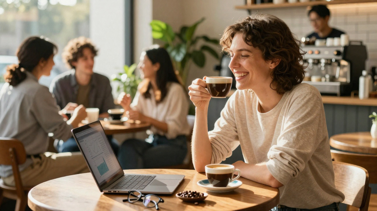 Jovem sorrindo enquanto toma café em cafeteria com laptop e pessoas conversando ao fundo.