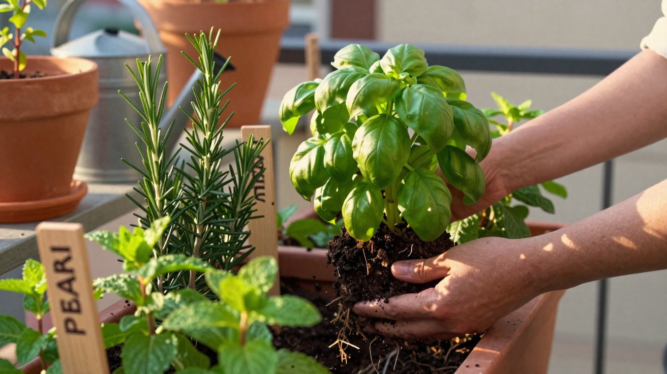 Mãos plantando manjericão em jardim com ervas em vasos e etiquetas de identificação.