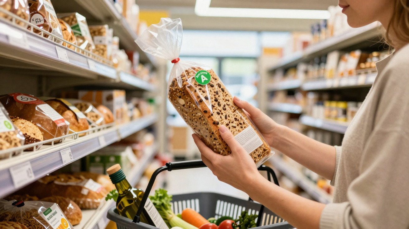 Pessoa segurando pão de forma integral em embalagem plástica em supermercado, com cesta de compras cheia.