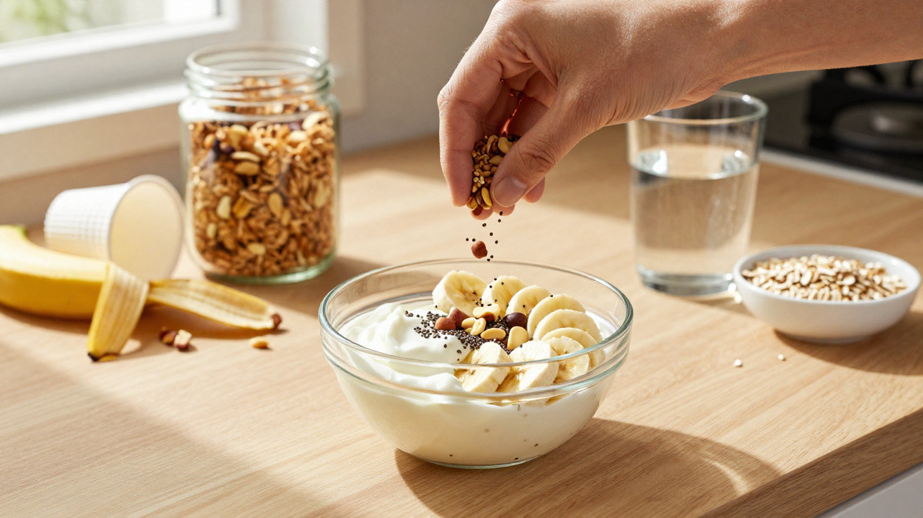 Mão salpicando sementes e castanhas em tigela com iogurte e banana, ao lado de taça, granola e banana.