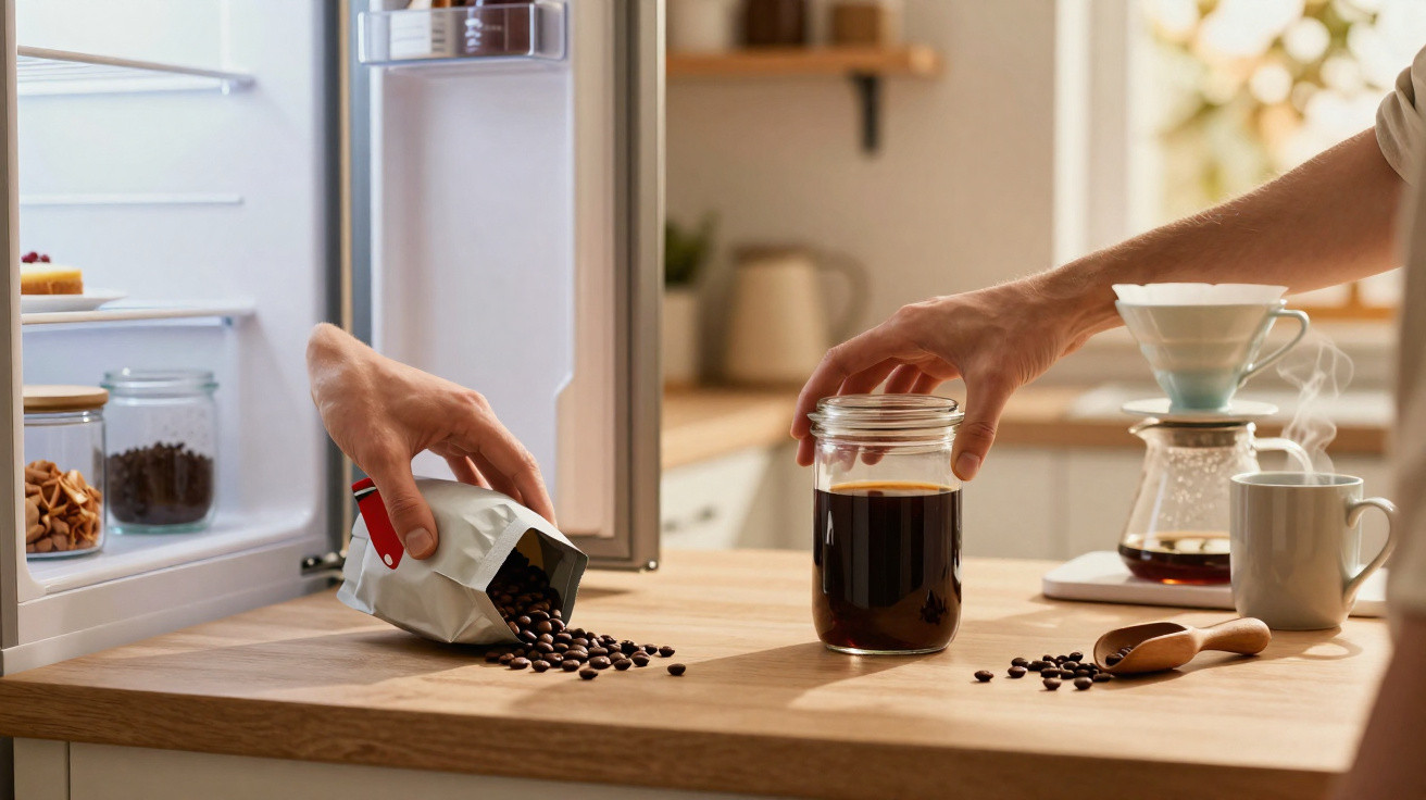 Mãos pegando grãos de café de embalagem e jarra com café sobre bancada de cozinha iluminada.
