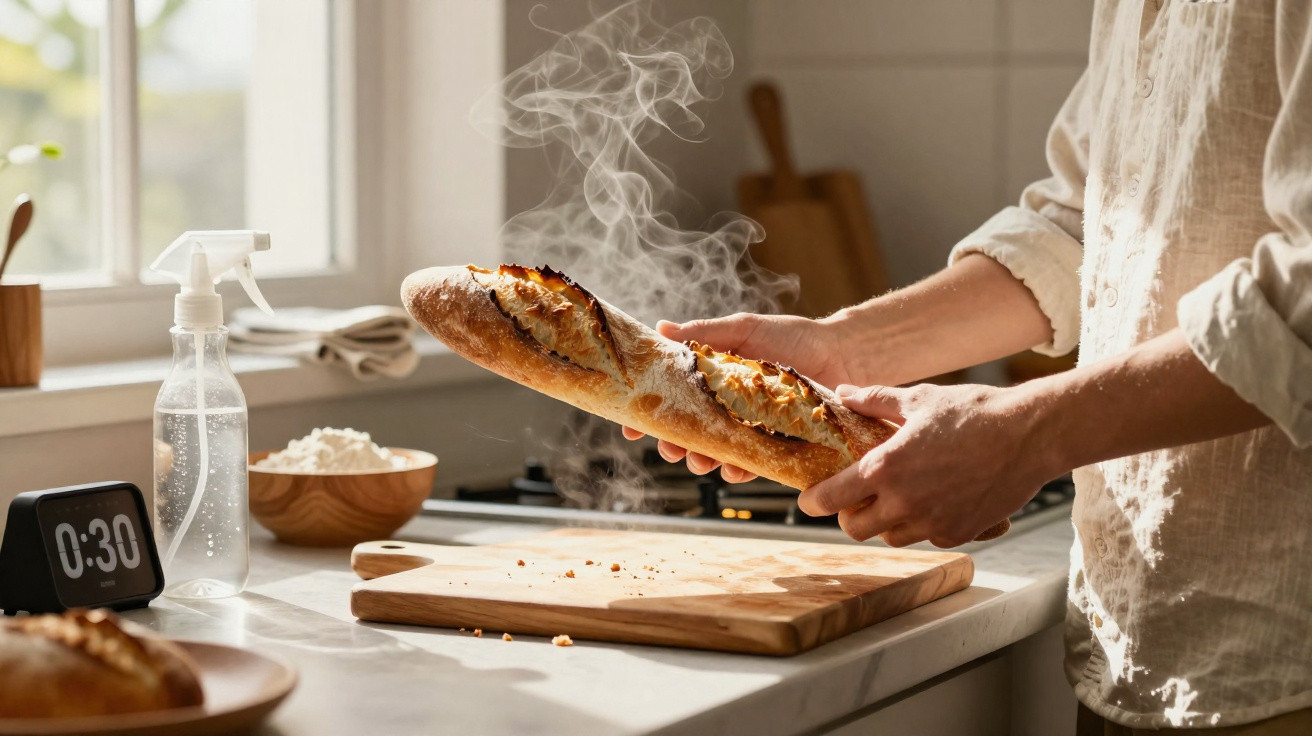 Pessoa segurando pão baguete quente em cozinha iluminada por luz natural próximo a timer digital e borrifador.