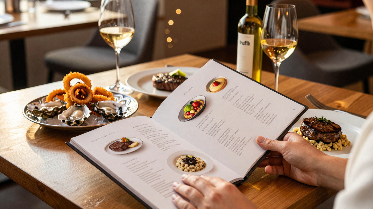 Mesa de restaurante com cardápio aberto, prato com mexilhões e anéis de lula, vinho e comida sofisticada.