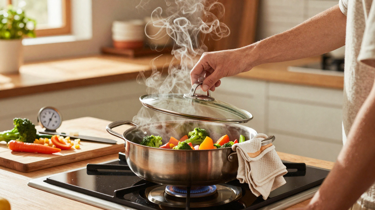 Pessoa levantando tampa de panela com legumes cozinhando no fogão a gás em cozinha iluminada.