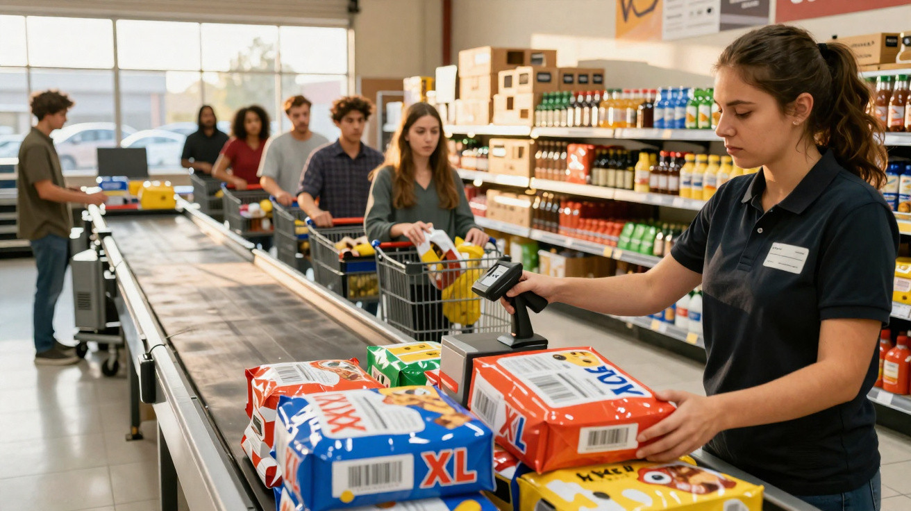 Funcionária de supermercado escaneia produtos enquanto clientes aguardam na fila com carrinhos.
